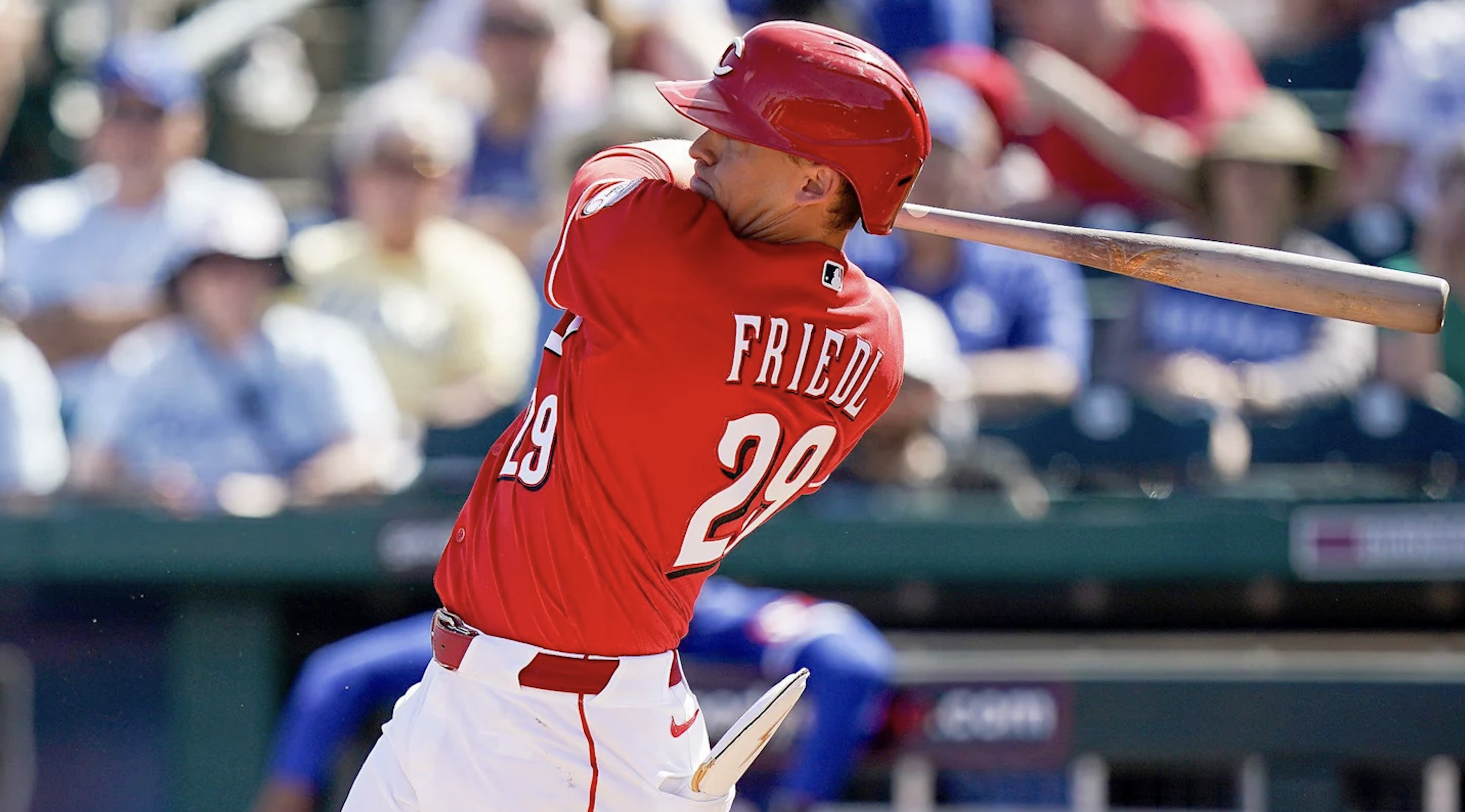 TJ Friedl swinging during a game at Great American Ball Park